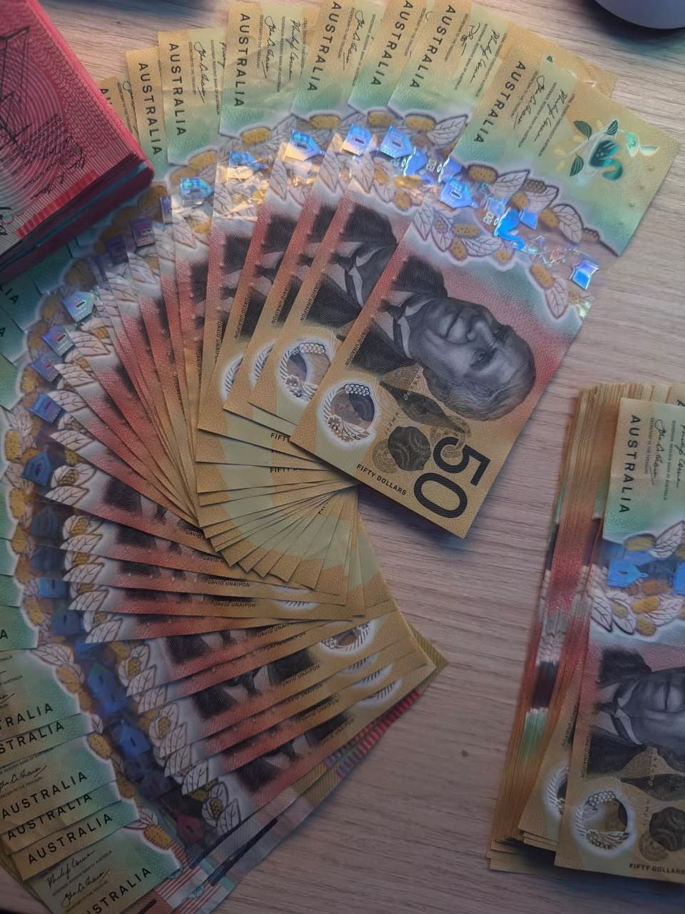Custom prop money printing australia — fanned specimen $50 prop note stack